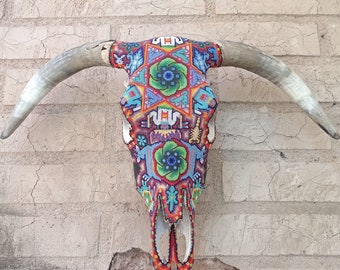 Exceptional Huichol Indian Hand Beaded Mexican Folk Art Authentic Bull Skull By Jose Manuel Ramirez  PP6997