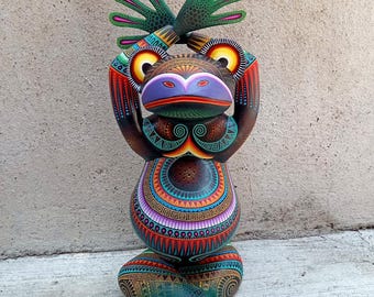 Mexican Oaxacan Wood Carving Yoga Frog By Julia Fuentes PP8110