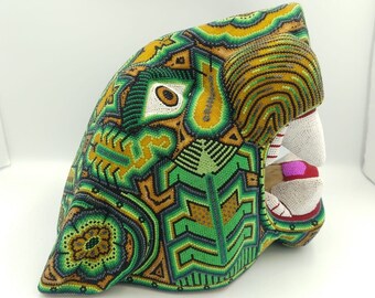 Incredible Mexican Huichol Hand Beaded Jaguar Head, By Isandro.PP3232