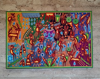 Mexican Folk Art Huichol Yarn Painting by Cooperativa Zitacua PP8536