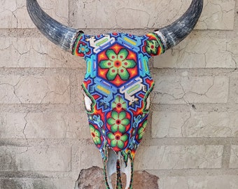 Exceptional Huichol Indian Hand Beaded Mexican Folk Art Authentic Bull Skull By Jose Manuel Ramirez  PP6994