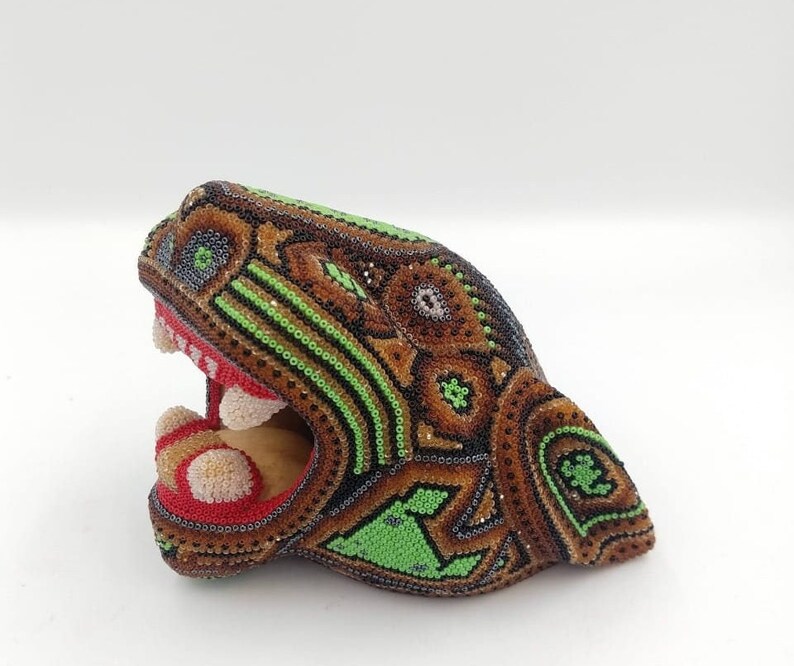 Huichol Hand Beaded Mexican Folk Art Jaguar Head With Czeth 13 Micro Beads By Mayola Villa Lopez PP3257 image 3
