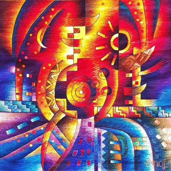 Hand Woven Alpaca Fiber Tapestry "Vision in time " By Constantino Laura 48" x 48" PP6462