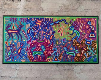 Mexican Folk Art Huichol Yarn Painting by Cooperativa Zitacua PP7994
