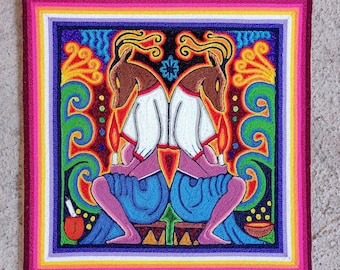 Pintura em fios de arte folclórica mexicana Huichol por Neikame PP7777 Oaxaca