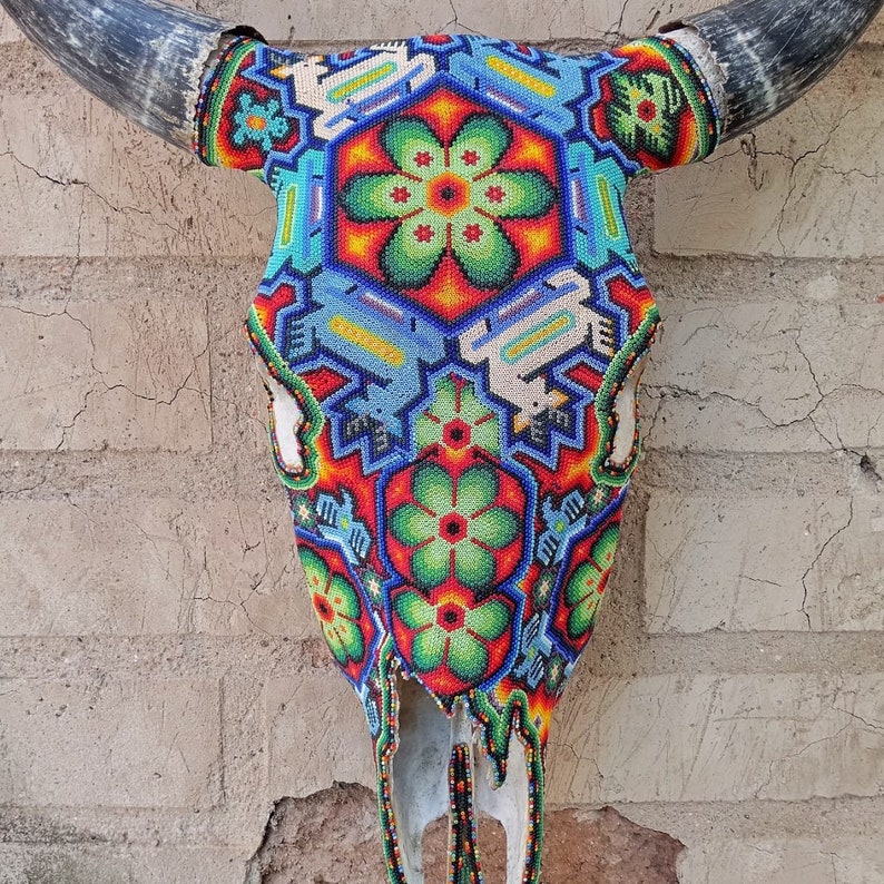 Exceptional Huichol Indian Hand Beaded Mexican Folk Art Authentic Bull Skull By Jose Manuel Ramirez PP6994 image 3