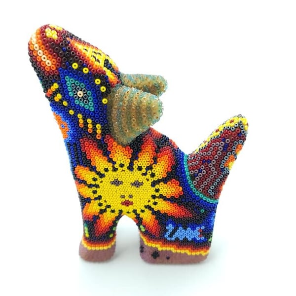 Coyote Huichol Mexican Folk Art Wooden by Florencio Lopez CK PP6633