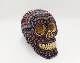 Huichol Mexican Folk Art Cast Resin Human Skull By Santos Bautista PP7038