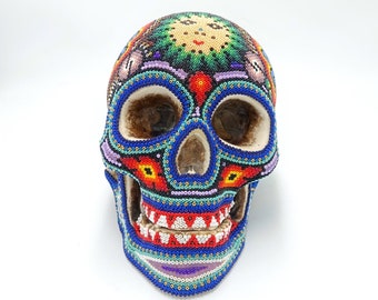 Gorgeous Huichol Hand Beaded Cast Resin Human Skull By Isandro Lopez PP6952