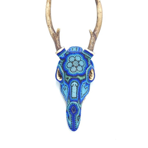 Huichol Indian Cast Resin Deer Skull Beaded By Mayola Villa Lopez PP5372