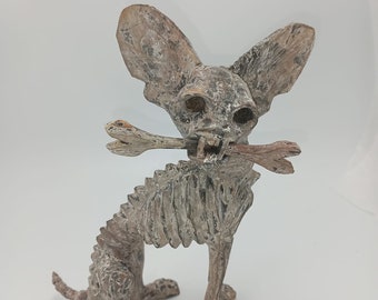 Beutiful Oaxacan Wood Carving Skeleton Chihuahua Dog, By Alejandrino Fuentes. 7" tall, 5" long and is 6" wide PP6411