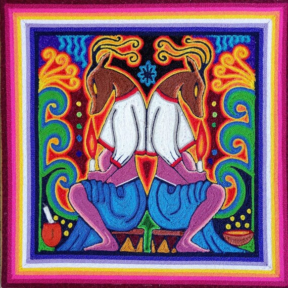 ウイチョル族のメキシコ民芸品、糸絵（ネイカメ作）PP7777 オアハカ