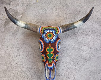 Outstanding Huichol Indian Hand Beaded Bull Skull By Santos Bautista PP7053