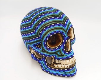 Huichol Mexican Folk Art Cast Resin Human Skull By Santos Bautista PP7040