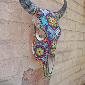 Exceptional Huichol Indian Hand Beaded Mexican Folk Art Authentic Bull Skull By Jose Manuel Ramirez PP6994 image 4