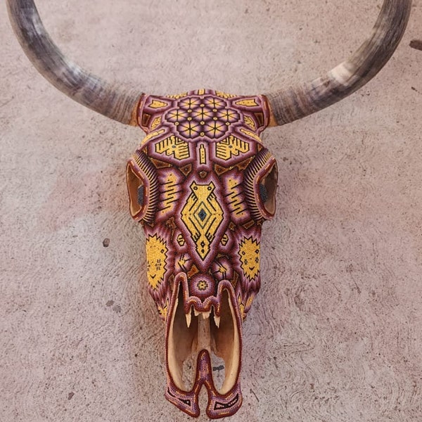 Huichol Beaded Bull Skull By Mayola Villa Lopez PP6383