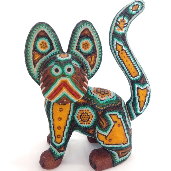 Gatto di arte popolare messicana con perline Huichol di Mayola Villa Lopez pp2963
