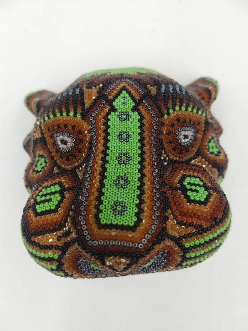 Huichol Hand Beaded Mexican Folk Art Jaguar Head With Czeth 13 Micro Beads By Mayola Villa Lopez PP3257 image 5