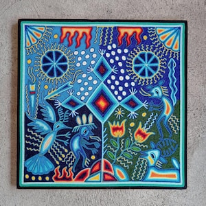 Mexican Folk Art Huichol Yarn Painting by Cooperativa Zitacua Tepic Nayarit PP7452