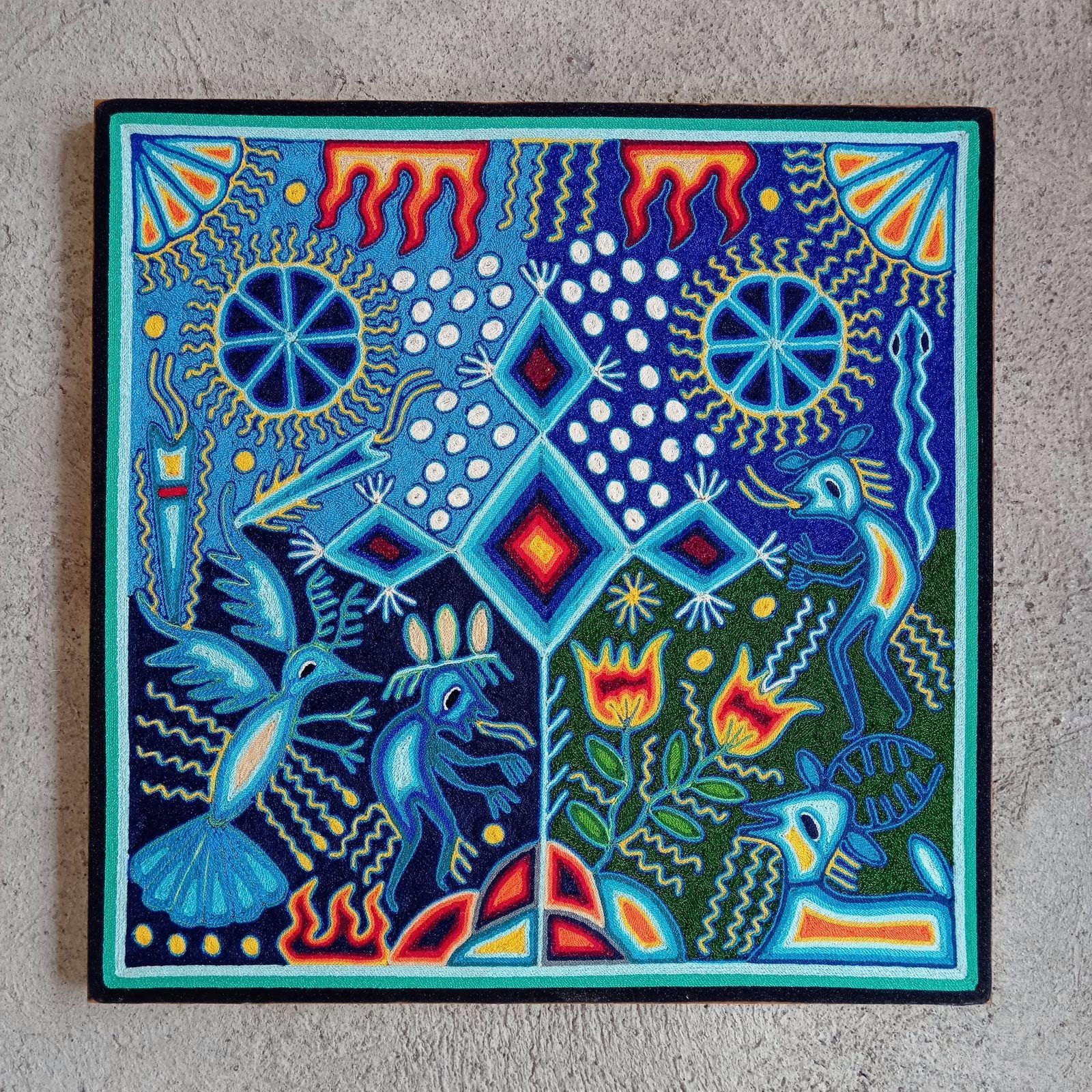 Mexican Folk Art Huichol Yarn Painting by Cooperativa Zitacua