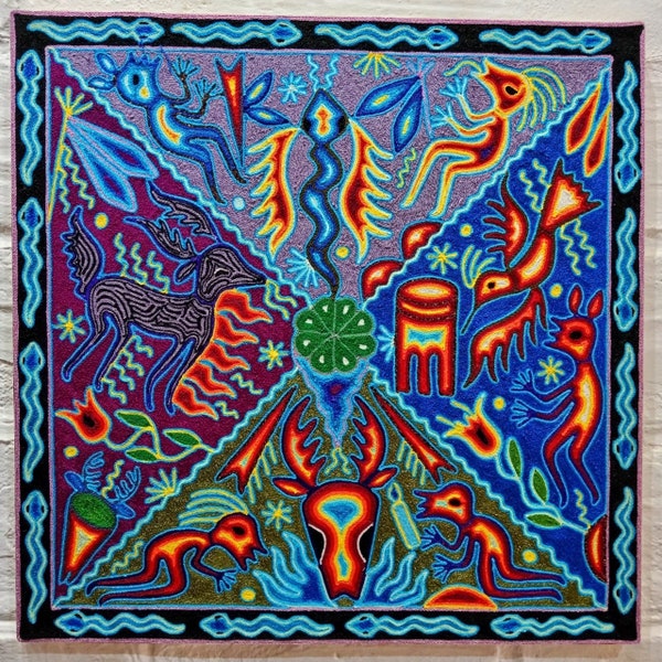 Huichol Indigenous Yarn Painting Mexican Folk Art By Lourdes Diaz Benitez PP6804