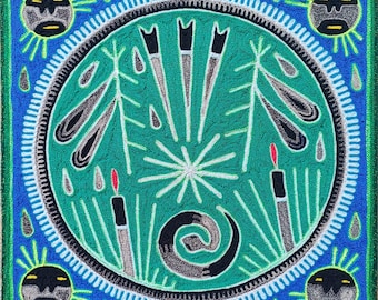 Huichol Indian Mexican Folk Art Yarn Painting By Silverio Gonzalez Rios PP7062