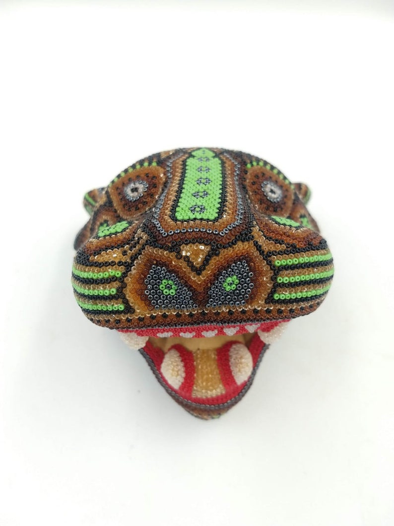 Huichol Hand Beaded Mexican Folk Art Jaguar Head With Czeth 13 Micro Beads By Mayola Villa Lopez PP3257 image 4