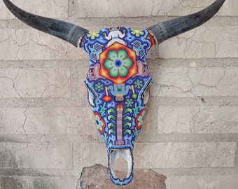 Exceptional Huichol Indian Hand Beaded Mexican Folk Art Authentic Bull Skull By Jose Manuel Ramirez  PP6995