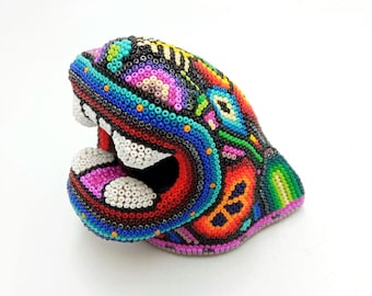 Fabulous Mexican Huichol Hand Beaded Jaguar Head By Octaviano Lopez  PP7057