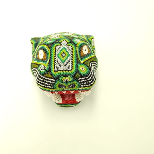 Huichol Beaded Mexican Folk Art Jaguar Head By Mayola Villa Lopez pp6386