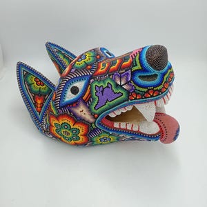 Mexican Huichol Hand Beaded Art, Wolf Head By Isandro Villa Lopez PP7854