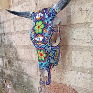 Exceptional Huichol Indian Hand Beaded Mexican Folk Art Authentic Bull Skull By Jose Manuel Ramirez PP6996 image 4
