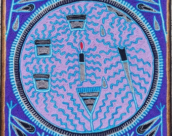 Huichol Indian Mexican Folk Art Yarn Painting By Silverio Gonzalez Rios PP7061