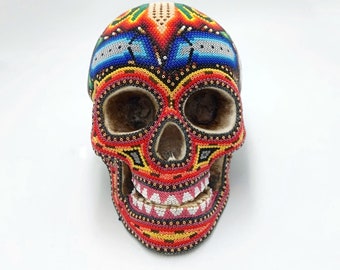 Prachtige Huichol handgekraalde menselijke schedel door Isandro Lopez PP6953