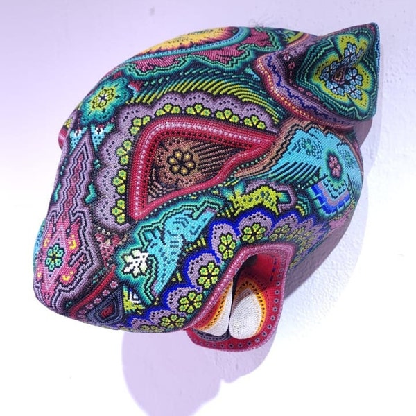 Jaguar Mexican Folk Art  bead art Jaguar Head  by Florencio Lopez CK PP6551