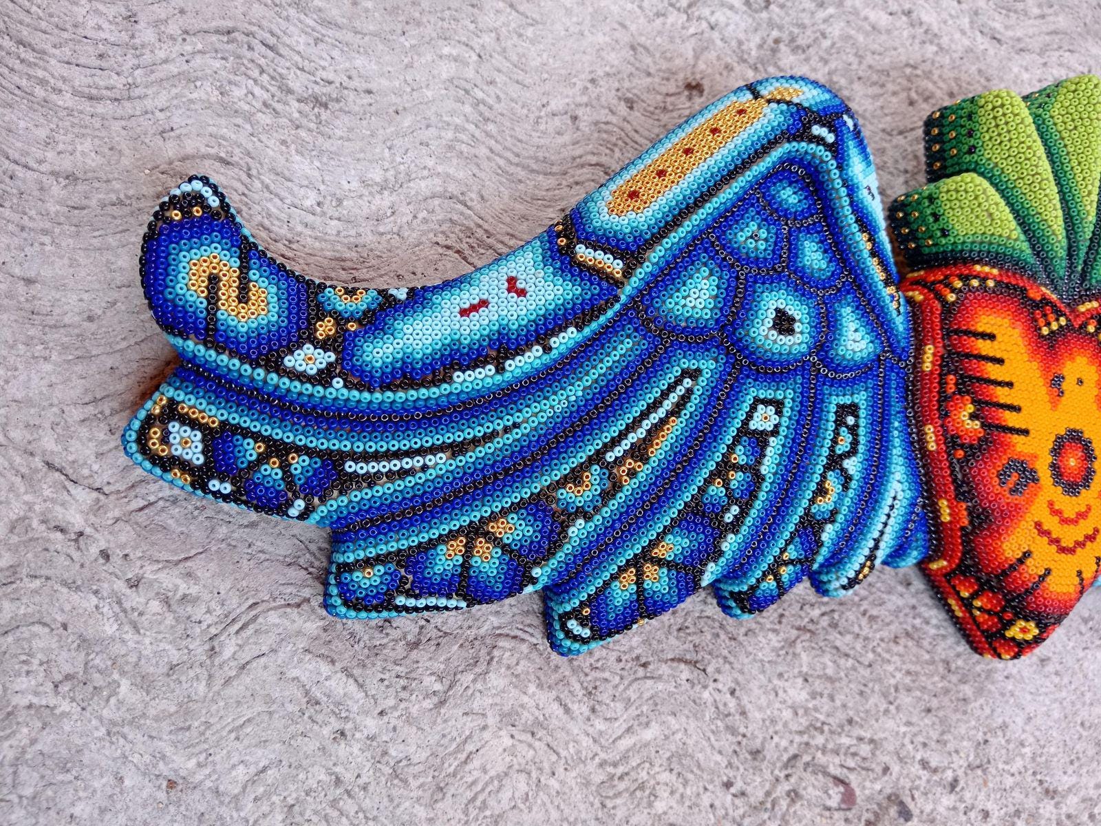 Mexican Huichol Hand Beaded Art, Heart With Wings by Isandro Villa