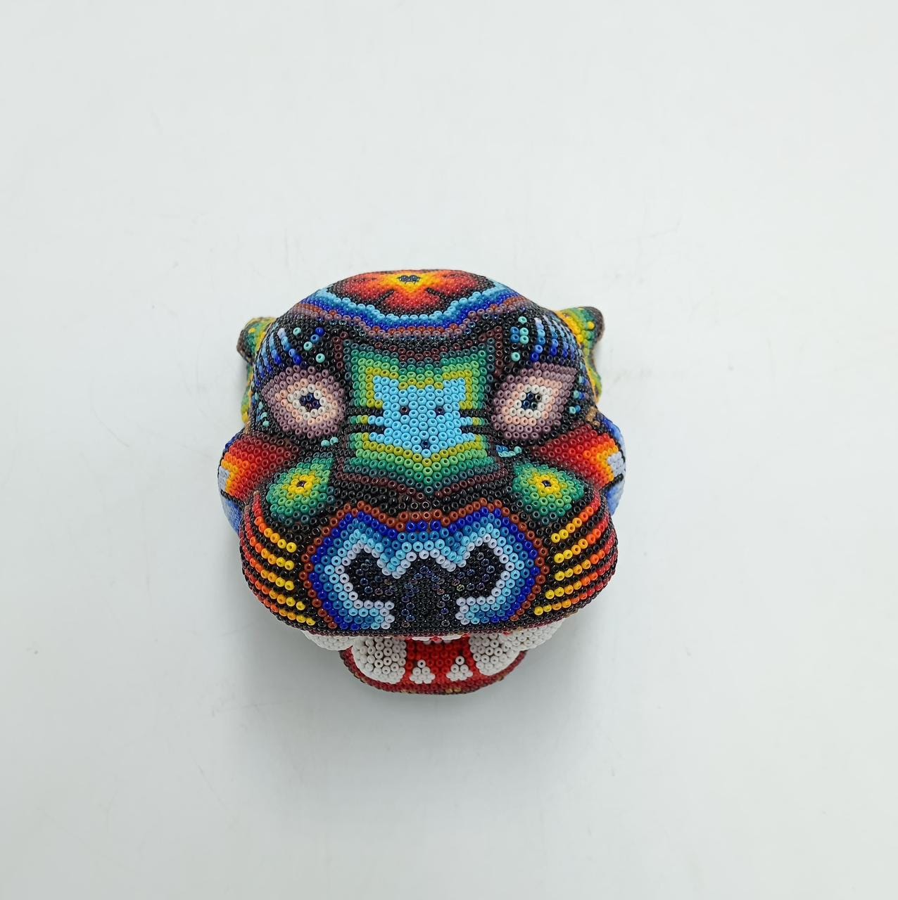 Mexican Huichol Hand Beaded Jaguar Head by Honorio Villa Lopez