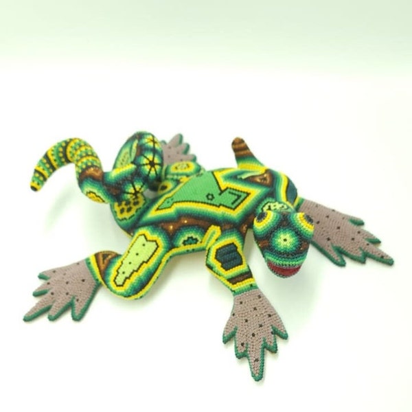 Huichol Hand Beaded Mexican Folk Art Iguana By Mayola Villa Lopez HMV02