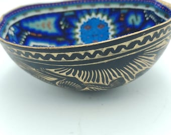 Bowl blue deer Mexican Huichol Beaded bowl By Isandro Villa PP6332