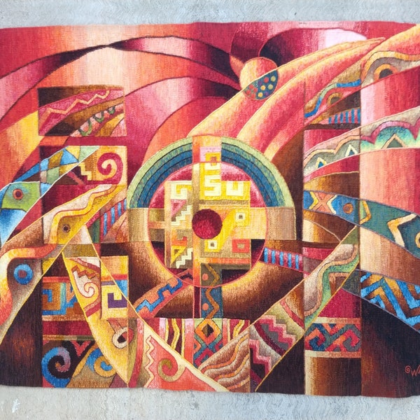 Handgeweven Alpaca Fiber Tapestry Art Chakana door Constantino Laura PP2992