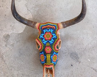 Outstanding Huichol Indian Hand Beaded Bull Skull By Santos Bautista PP7052