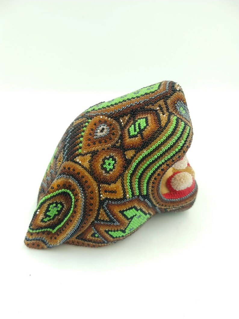 Huichol Hand Beaded Mexican Folk Art Jaguar Head With Czeth 13 Micro Beads By Mayola Villa Lopez PP3257 image 2