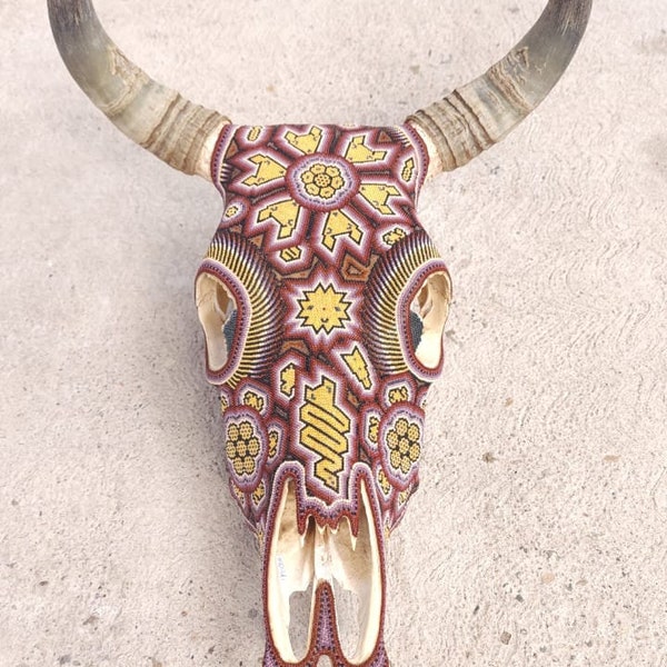 Huichol Hand Beaded Mexican Folk Art Authentic Bull Skull by Morelia  Lopez pp6088