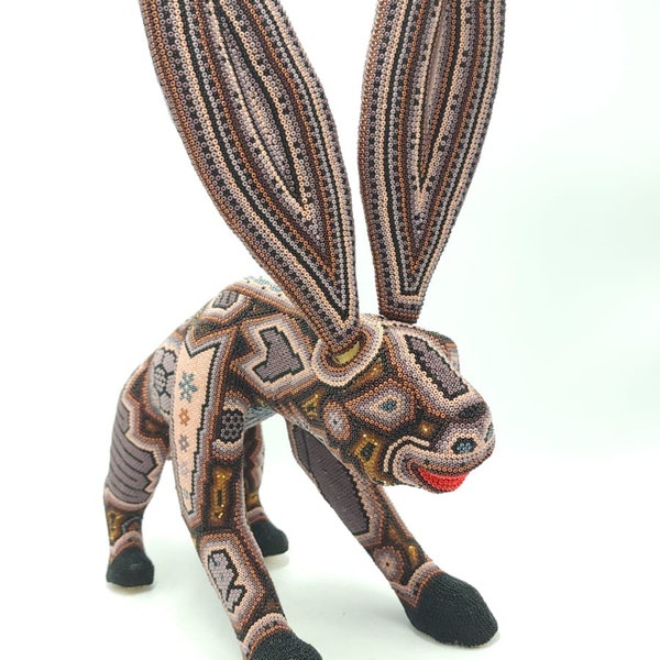 Huichol Hand Beaded Mexican Folk Art Rabbit By Mayola Villa Lopez PP5556