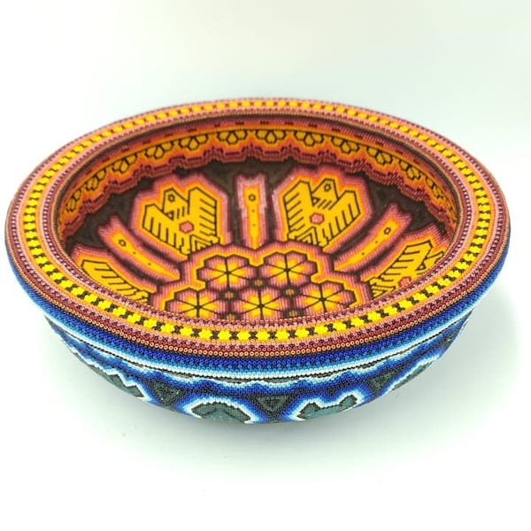 Huichol Hand Beaded Mexican Folk Art Platter By Mayola Villa Lopez PP5238