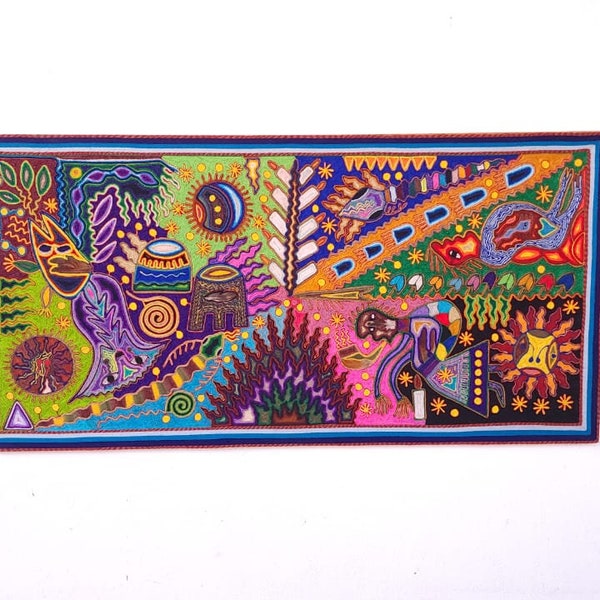 Fenomenaal Huichol Indiase Mexicaanse volkskunstgarenschilderij door Justo Benitez PP5641