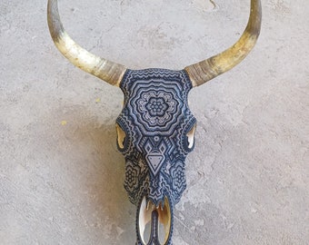 Outstanding Huichol Indian Hand Beaded Bull Skull By Santos Bautista PP7055