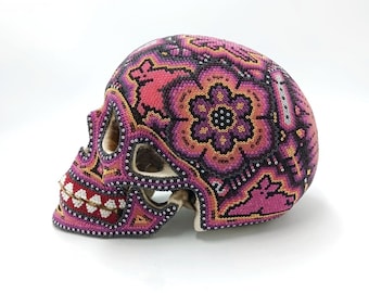 Gorgeous Huichol Hand Beaded Cast Resin Human Skull By Isandro Lopez PP6950