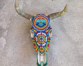 Outstanding Huichol Indian Hand Beaded Bull Skull By Santos Bautista PP7050