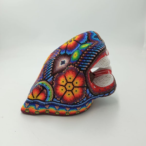 Fabulous Mexican Huichol Hand Beaded Jaguar Head By Octaviano Lopez  PP6735